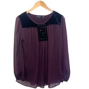 SUSAN GRAVER ARTISAN EMBELLISHED Blouse Plum & Black Long Sleeve EUC Velour Size